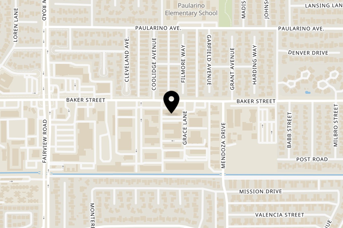 Map showing the location of Healthy Bistro on 1093 Baker St in Costa Mesa